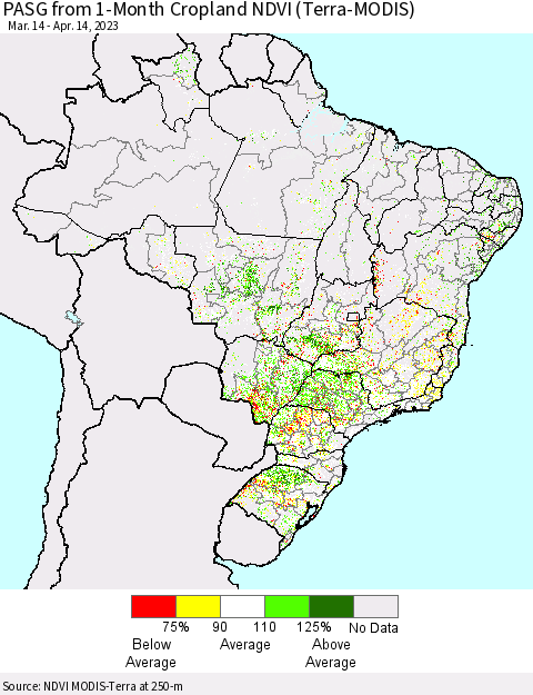 Brazil PASG from 1-Month Cropland NDVI (Terra-MODIS) Thematic Map For 4/7/2023 - 4/14/2023