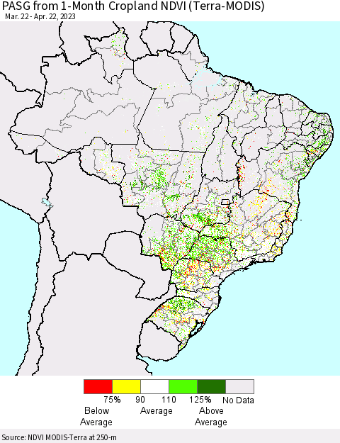 Brazil PASG from 1-Month Cropland NDVI (Terra-MODIS) Thematic Map For 4/15/2023 - 4/22/2023