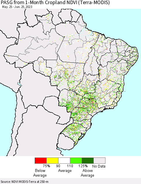 Brazil PASG from 1-Month Cropland NDVI (Terra-MODIS) Thematic Map For 6/18/2023 - 6/25/2023