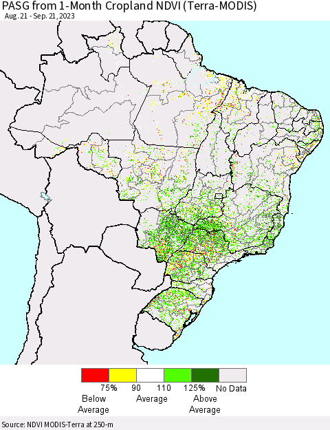 Brazil PASG from 1-Month Cropland NDVI (Terra-MODIS) Thematic Map For 9/14/2023 - 9/21/2023