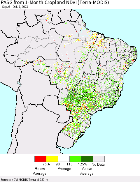 Brazil PASG from 1-Month Cropland NDVI (Terra-MODIS) Thematic Map For 9/30/2023 - 10/7/2023