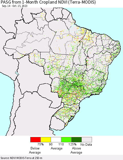 Brazil PASG from 1-Month Cropland NDVI (Terra-MODIS) Thematic Map For 10/8/2023 - 10/15/2023