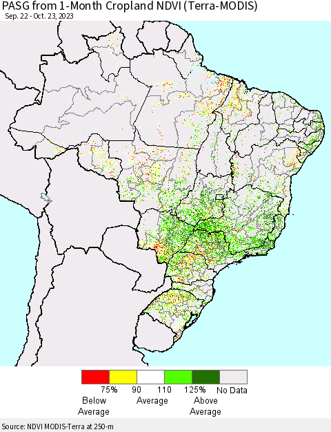 Brazil PASG from 1-Month Cropland NDVI (Terra-MODIS) Thematic Map For 10/16/2023 - 10/23/2023