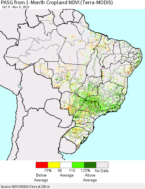 Brazil PASG from 1-Month Cropland NDVI (Terra-MODIS) Thematic Map For 11/1/2023 - 11/8/2023