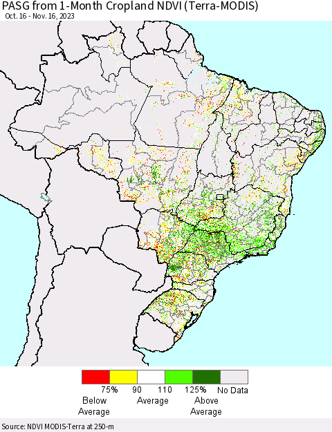 Brazil PASG from 1-Month Cropland NDVI (Terra-MODIS) Thematic Map For 11/9/2023 - 11/16/2023