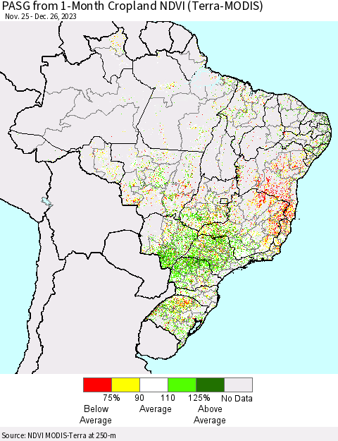 Brazil PASG from 1-Month Cropland NDVI (Terra-MODIS) Thematic Map For 12/19/2023 - 12/26/2023