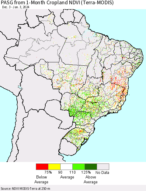 Brazil PASG from 1-Month Cropland NDVI (Terra-MODIS) Thematic Map For 12/27/2023 - 1/3/2024