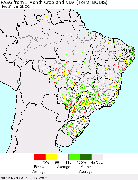 Brazil PASG from 1-Month Cropland NDVI (Terra-MODIS) Thematic Map For 1/17/2024 - 1/24/2024