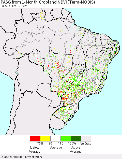 Brazil PASG from 1-Month Cropland NDVI (Terra-MODIS) Thematic Map For 2/10/2024 - 2/17/2024