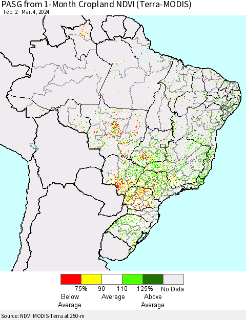 Brazil PASG from 1-Month Cropland NDVI (Terra-MODIS) Thematic Map For 2/26/2024 - 3/4/2024