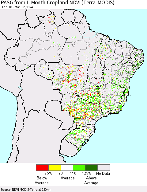 Brazil PASG from 1-Month Cropland NDVI (Terra-MODIS) Thematic Map For 3/5/2024 - 3/12/2024