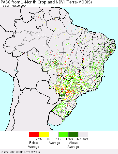Brazil PASG from 1-Month Cropland NDVI (Terra-MODIS) Thematic Map For 3/13/2024 - 3/20/2024