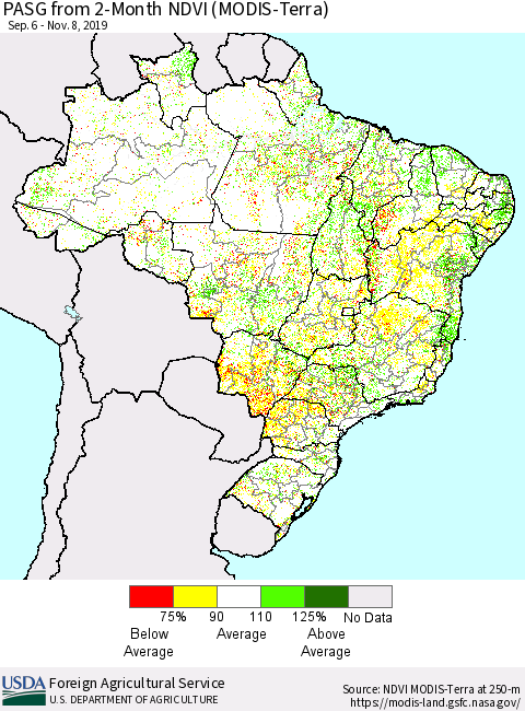 Brazil PASG from 2-Month NDVI (Terra-MODIS) Thematic Map For 11/1/2019 - 11/10/2019