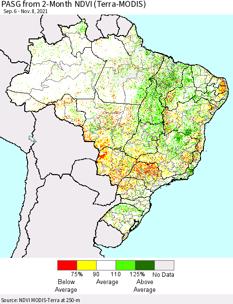 Brazil PASG from 2-Month NDVI (Terra-MODIS) Thematic Map For 11/1/2021 - 11/8/2021