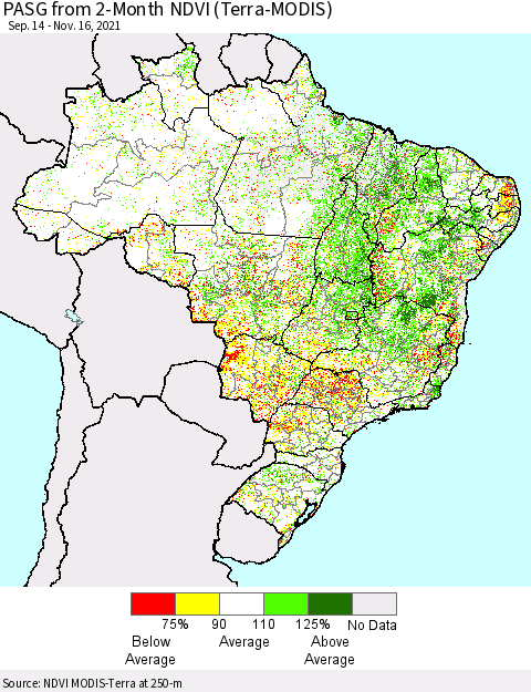 Brazil PASG from 2-Month NDVI (Terra-MODIS) Thematic Map For 11/9/2021 - 11/16/2021