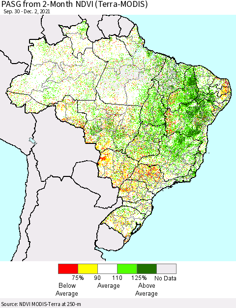 Brazil PASG from 2-Month NDVI (Terra-MODIS) Thematic Map For 11/25/2021 - 12/2/2021