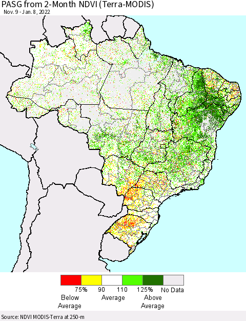 Brazil PASG from 2-Month NDVI (Terra-MODIS) Thematic Map For 1/1/2022 - 1/8/2022