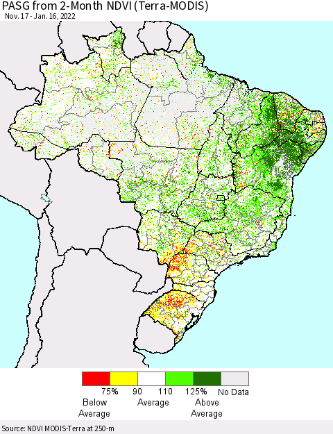 Brazil PASG from 2-Month NDVI (Terra-MODIS) Thematic Map For 1/9/2022 - 1/16/2022