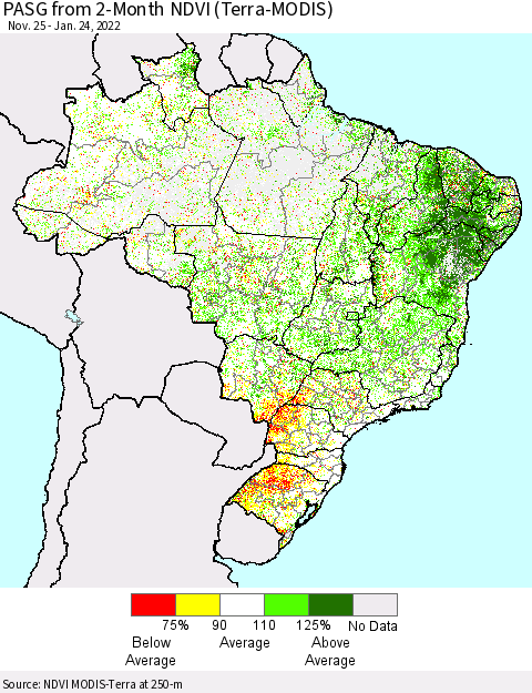 Brazil PASG from 2-Month NDVI (Terra-MODIS) Thematic Map For 1/17/2022 - 1/24/2022