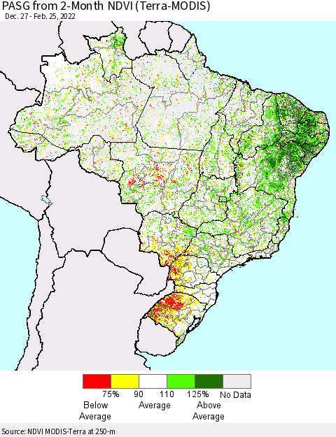Brazil PASG from 2-Month NDVI (Terra-MODIS) Thematic Map For 2/18/2022 - 2/25/2022