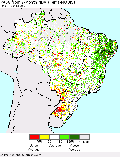 Brazil PASG from 2-Month NDVI (Terra-MODIS) Thematic Map For 3/6/2022 - 3/13/2022