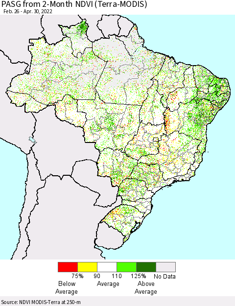 Brazil PASG from 2-Month NDVI (Terra-MODIS) Thematic Map For 4/23/2022 - 4/30/2022