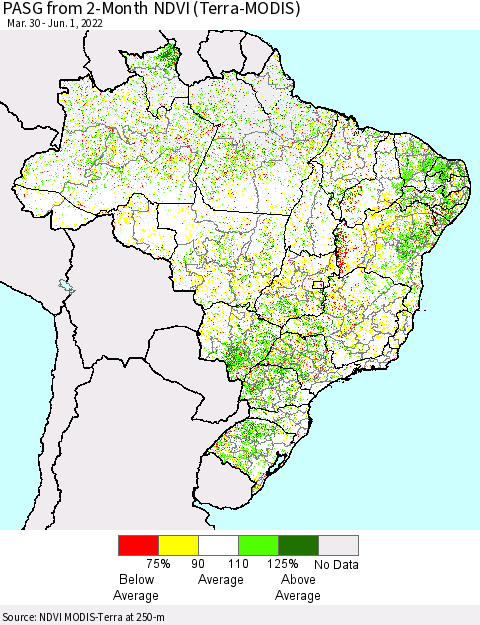 Brazil PASG from 2-Month NDVI (Terra-MODIS) Thematic Map For 5/25/2022 - 6/1/2022