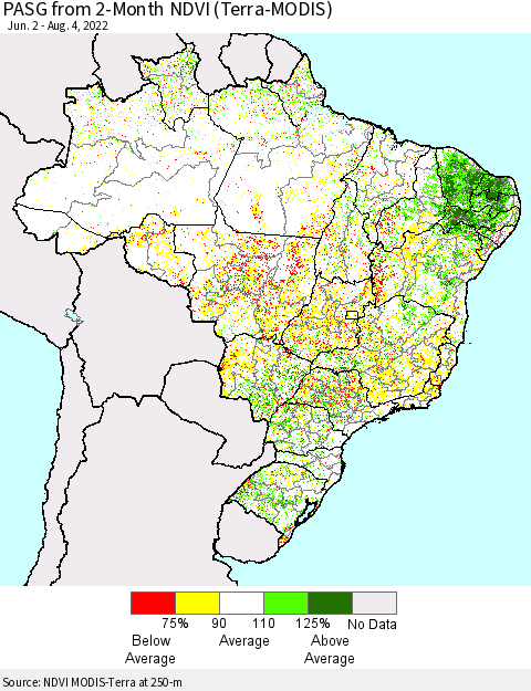 Brazil PASG from 2-Month NDVI (Terra-MODIS) Thematic Map For 7/28/2022 - 8/4/2022