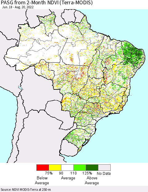Brazil PASG from 2-Month NDVI (Terra-MODIS) Thematic Map For 8/13/2022 - 8/20/2022