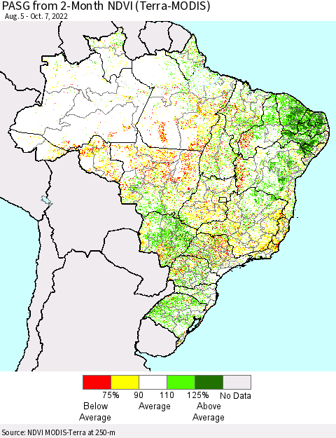 Brazil PASG from 2-Month NDVI (Terra-MODIS) Thematic Map For 9/30/2022 - 10/7/2022