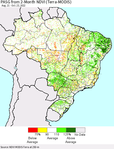 Brazil PASG from 2-Month NDVI (Terra-MODIS) Thematic Map For 10/16/2022 - 10/23/2022