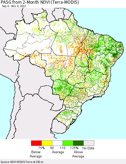 Brazil PASG from 2-Month NDVI (Terra-MODIS) Thematic Map For 11/1/2022 - 11/8/2022