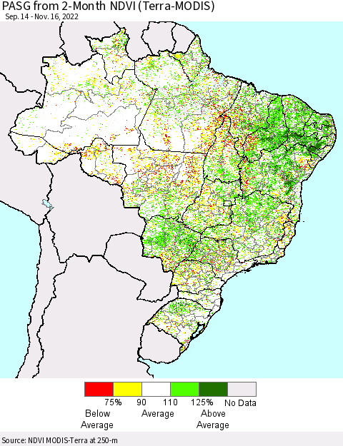 Brazil PASG from 2-Month NDVI (Terra-MODIS) Thematic Map For 11/9/2022 - 11/16/2022