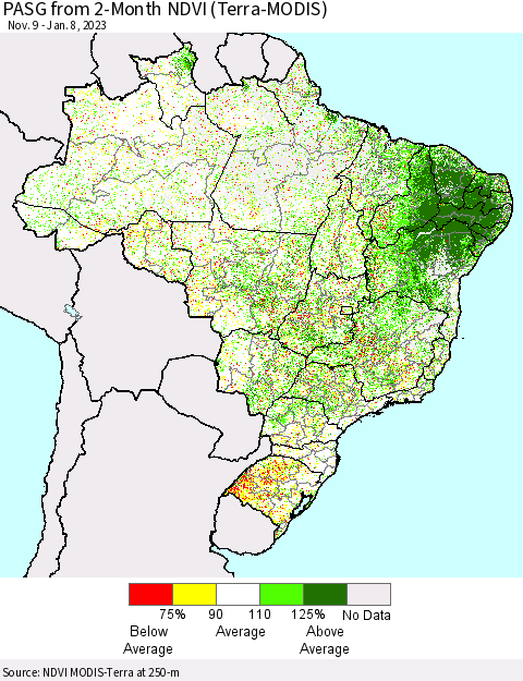 Brazil PASG from 2-Month NDVI (Terra-MODIS) Thematic Map For 1/1/2023 - 1/8/2023