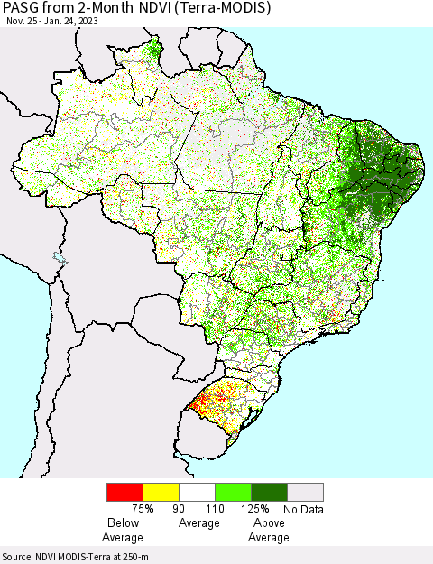 Brazil PASG from 2-Month NDVI (Terra-MODIS) Thematic Map For 1/17/2023 - 1/24/2023