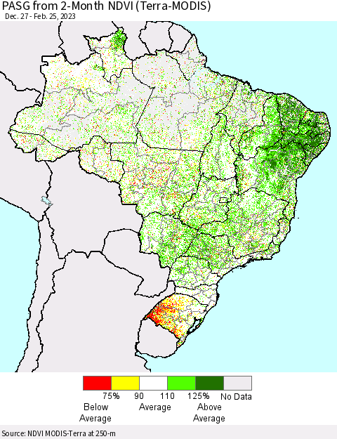 Brazil PASG from 2-Month NDVI (Terra-MODIS) Thematic Map For 2/18/2023 - 2/25/2023
