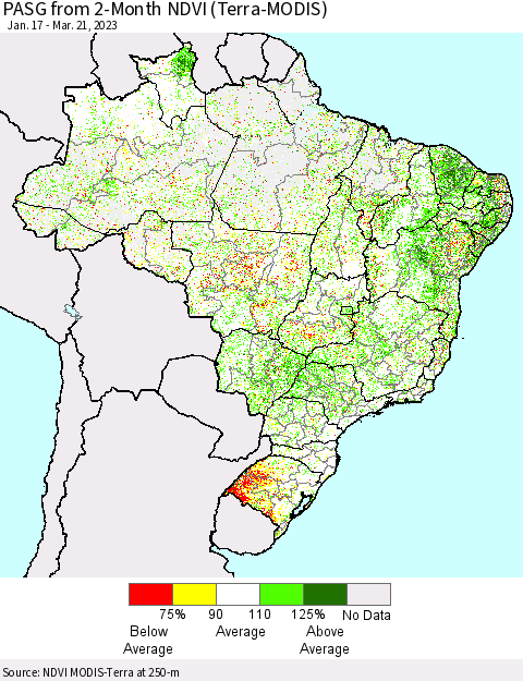 Brazil PASG from 2-Month NDVI (Terra-MODIS) Thematic Map For 3/14/2023 - 3/21/2023
