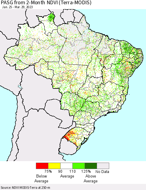 Brazil PASG from 2-Month NDVI (Terra-MODIS) Thematic Map For 3/22/2023 - 3/29/2023