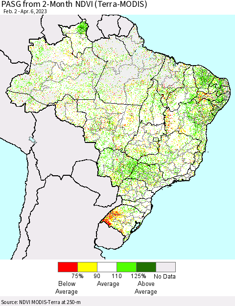 Brazil PASG from 2-Month NDVI (Terra-MODIS) Thematic Map For 3/30/2023 - 4/6/2023
