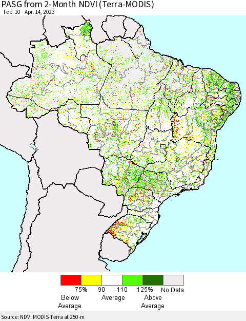 Brazil PASG from 2-Month NDVI (Terra-MODIS) Thematic Map For 4/7/2023 - 4/14/2023