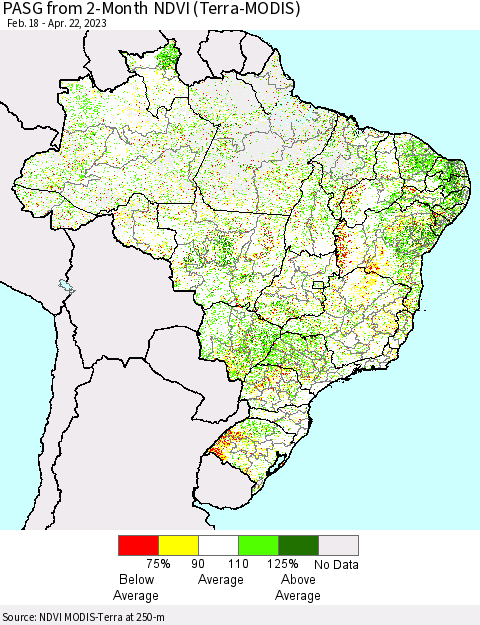 Brazil PASG from 2-Month NDVI (Terra-MODIS) Thematic Map For 4/15/2023 - 4/22/2023