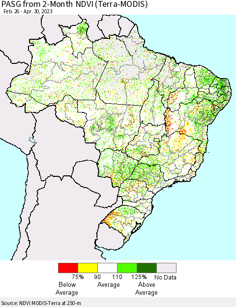 Brazil PASG from 2-Month NDVI (Terra-MODIS) Thematic Map For 4/23/2023 - 4/30/2023