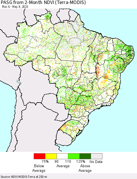 Brazil PASG from 2-Month NDVI (Terra-MODIS) Thematic Map For 5/1/2023 - 5/8/2023