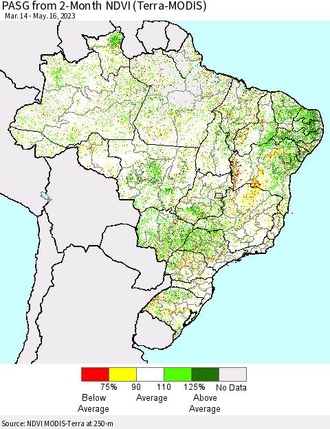 Brazil PASG from 2-Month NDVI (Terra-MODIS) Thematic Map For 5/9/2023 - 5/16/2023