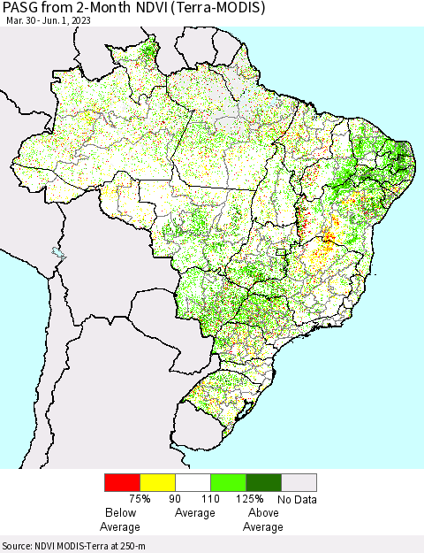 Brazil PASG from 2-Month NDVI (Terra-MODIS) Thematic Map For 5/25/2023 - 6/1/2023
