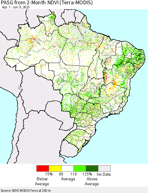 Brazil PASG from 2-Month NDVI (Terra-MODIS) Thematic Map For 6/2/2023 - 6/9/2023