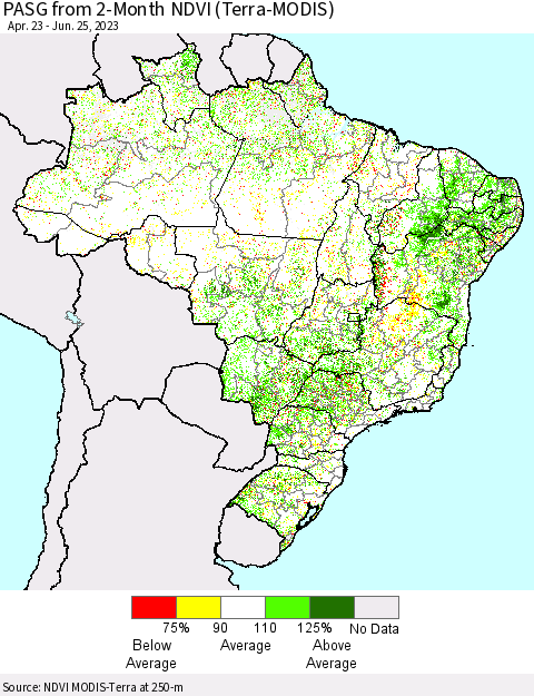 Brazil PASG from 2-Month NDVI (Terra-MODIS) Thematic Map For 6/18/2023 - 6/25/2023