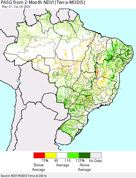 Brazil PASG from 2-Month NDVI (Terra-MODIS) Thematic Map For 7/12/2023 - 7/19/2023
