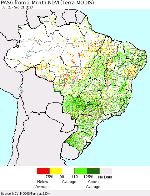 Brazil PASG from 2-Month NDVI (Terra-MODIS) Thematic Map For 9/14/2023 - 9/21/2023