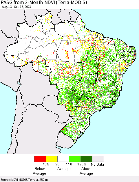 Brazil PASG from 2-Month NDVI (Terra-MODIS) Thematic Map For 10/8/2023 - 10/15/2023